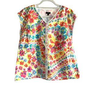 Talbots V Neck Blouse Flora; Cotton Sleeveless Lace Pullover Bright MP